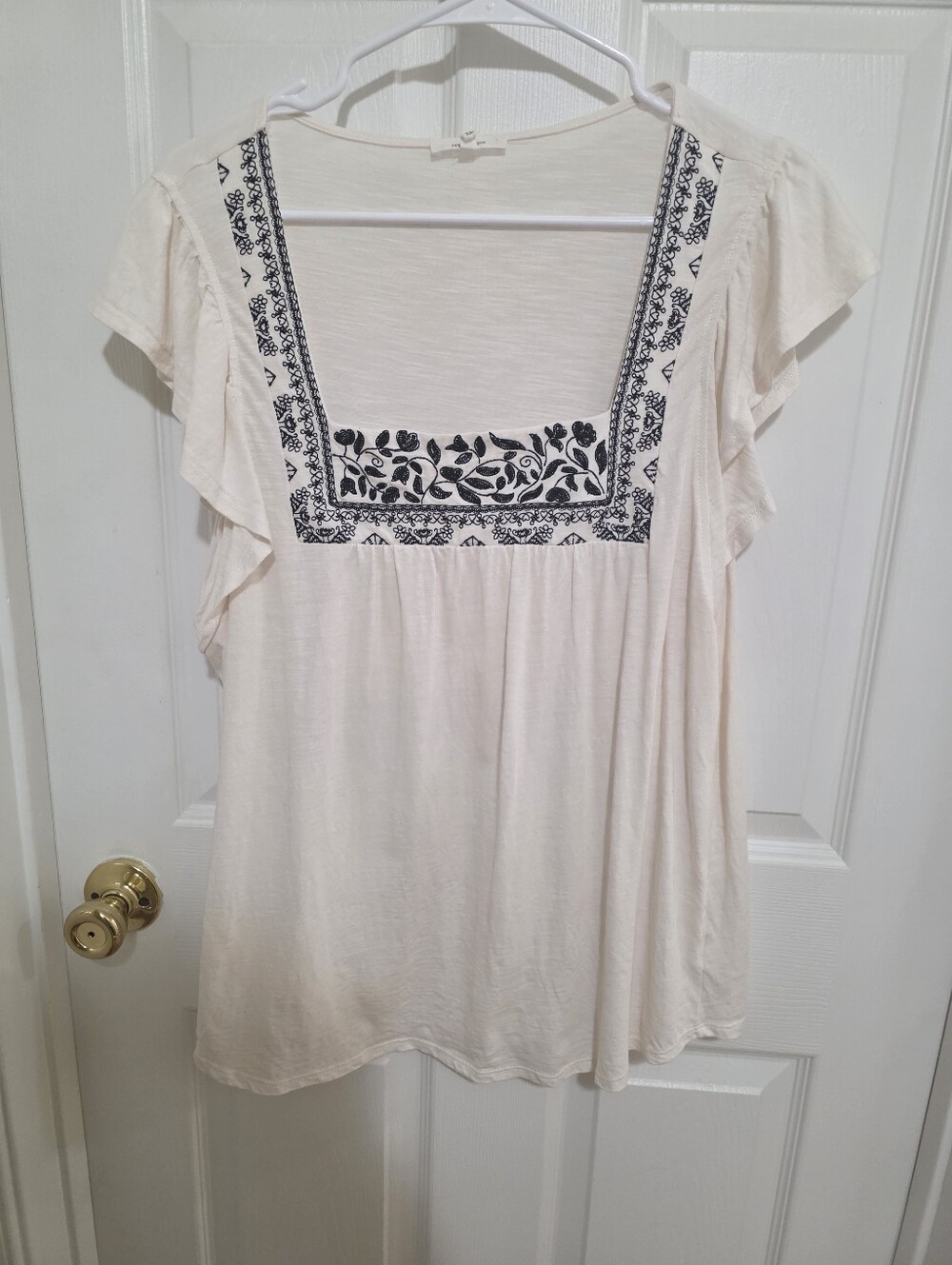 Maurices Cream Blouse with Black Floral Embroidery